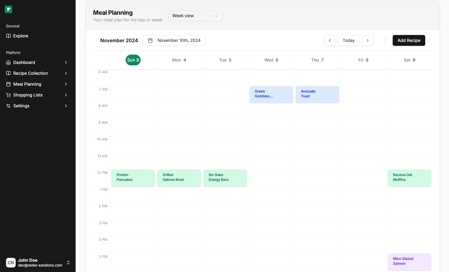 Meal planning application screenshot